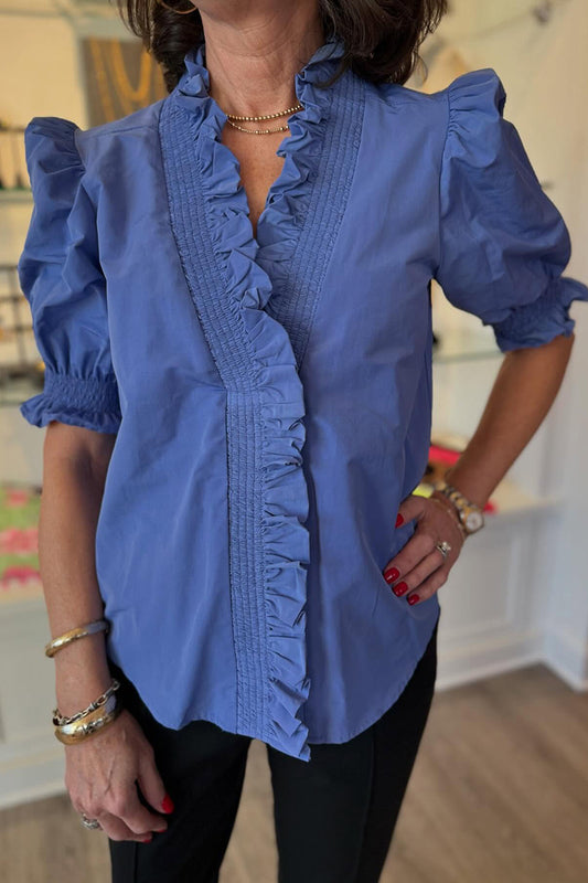 Solid Ruffle Button Top