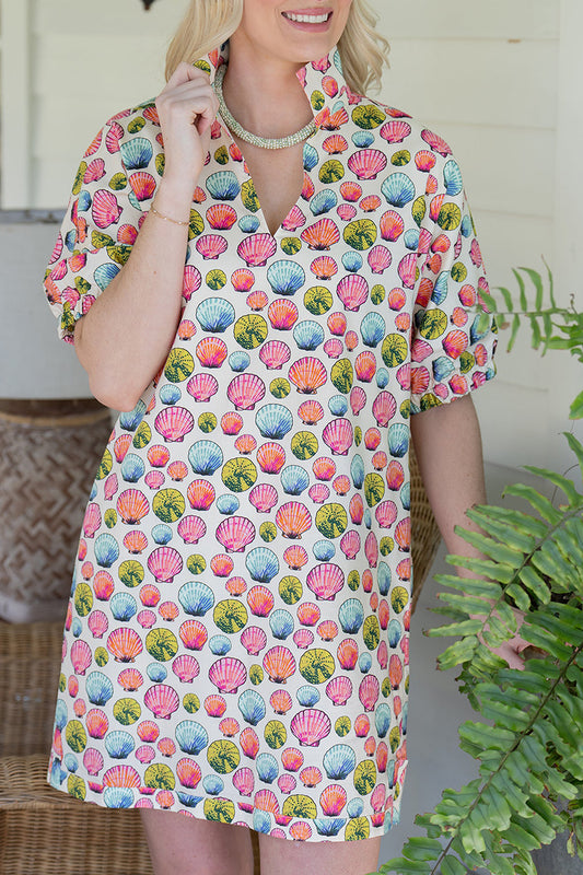 Seashell Print Dolman Sleeves Pockets Dress