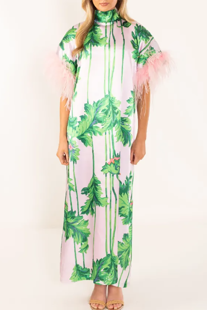 Pink Feather Print Caftan Maxi Dress