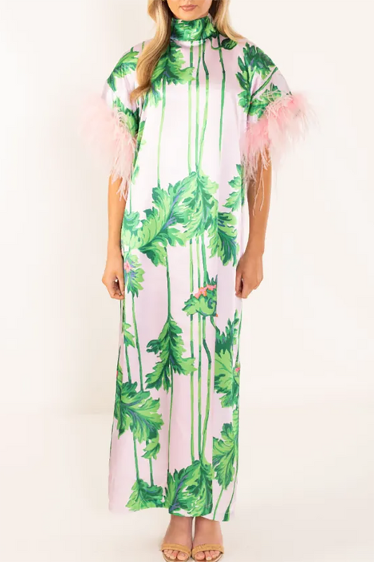 Pink Feather Print Caftan Maxi Dress