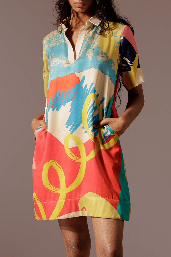 Pocketed Abstract Print Collared Short Sleeve Dress