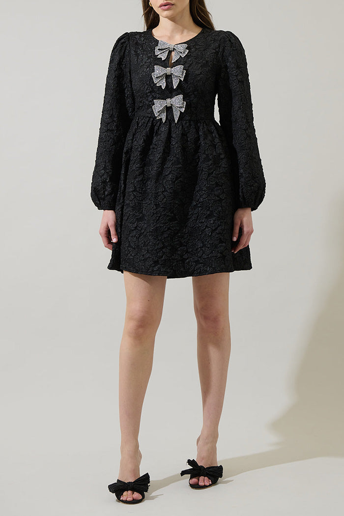 Black Textured Sequin Bow Puff Sleeve Dress