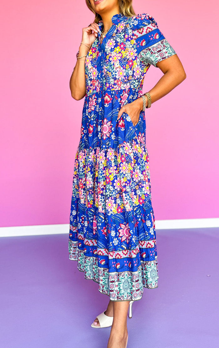 Mixed Print Tiered Pocket Dress