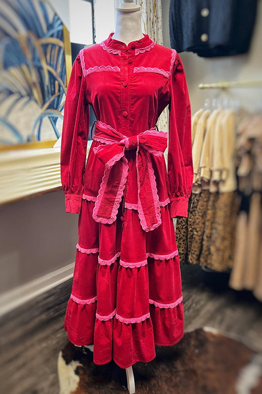 Red Corduroy Mock Neck Dress