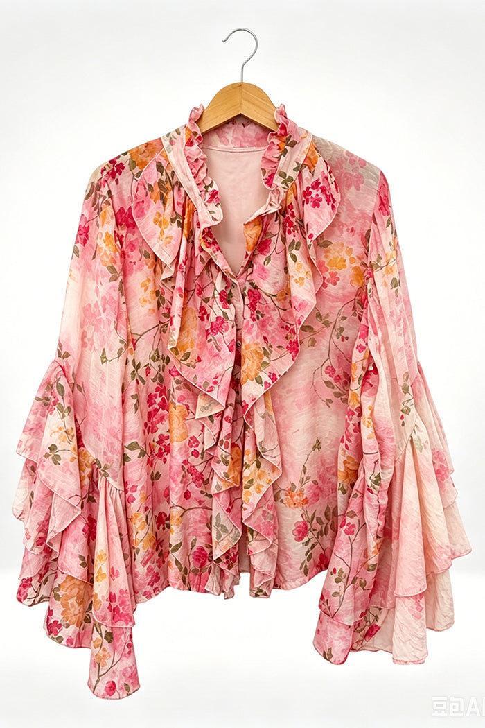 Vintage Floral Ruffle Front Layered Sleeve Top