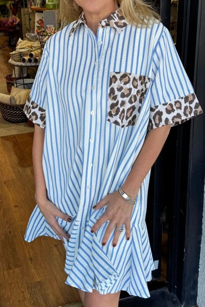 Striped Leopard Patch Shirt Dress