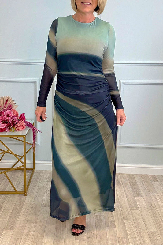 Abstract Wave Print Long Sleeve Dress