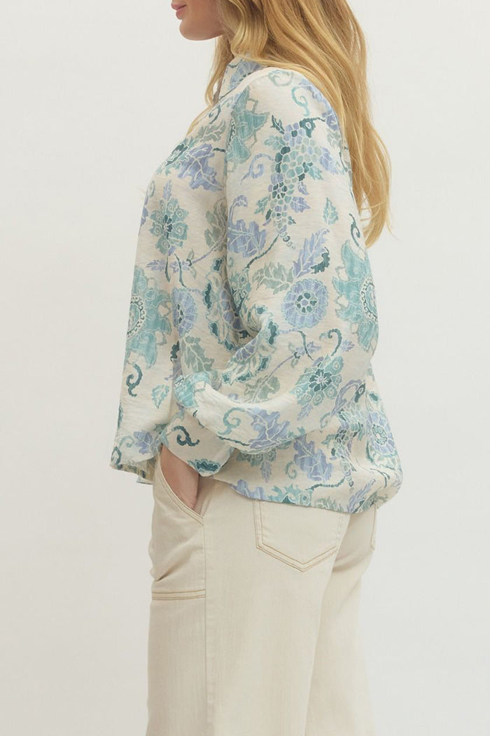 Blue Green Floral Button Down Top