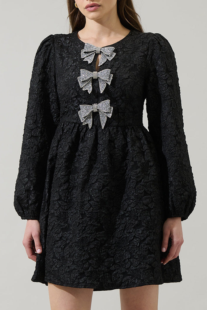 Black Textured Sequin Bow Puff Sleeve Dress