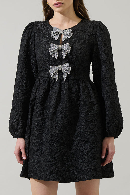 Black Textured Sequin Bow Puff Sleeve Dress