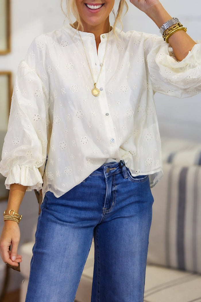 Ivory Eyelet Ruffle Cuff Button Down Top