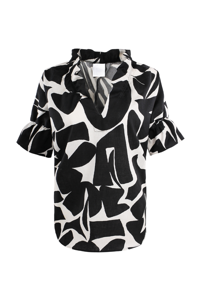 Puzzle Print Ruffle Collar Top