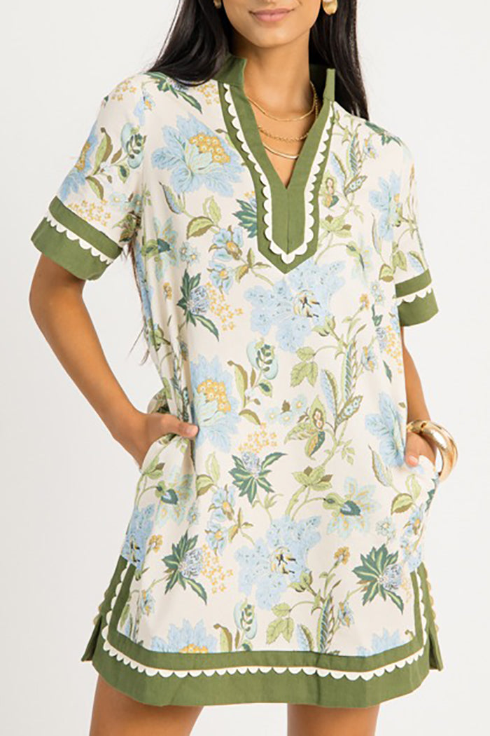 Floral Scallop Border Pockets Dress