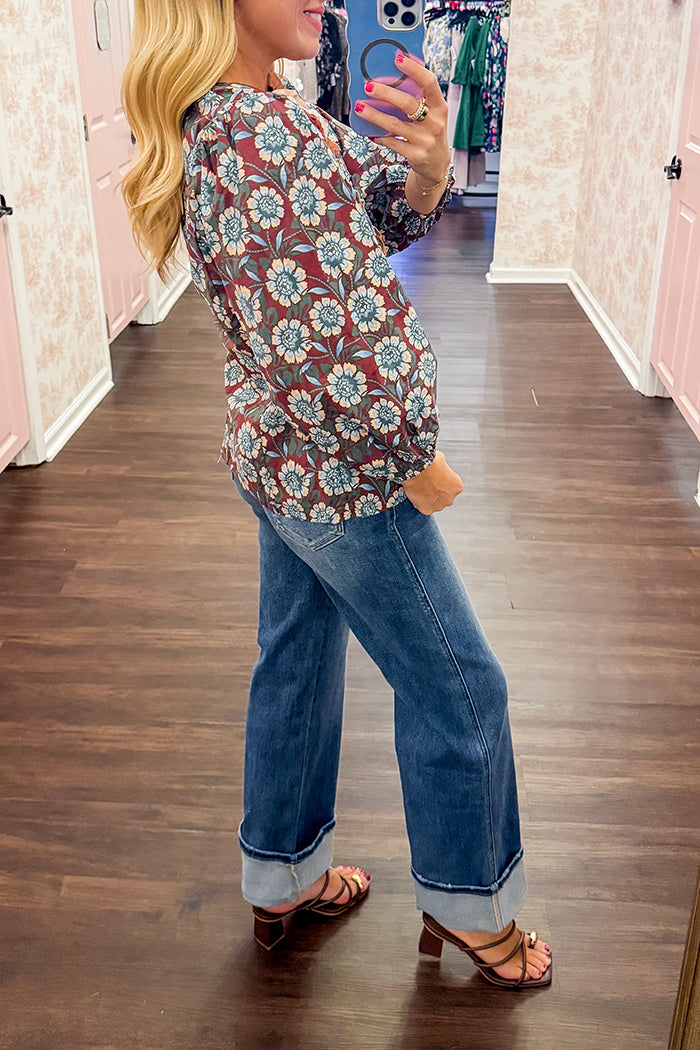 Ruffled V-Neckline Floral Top