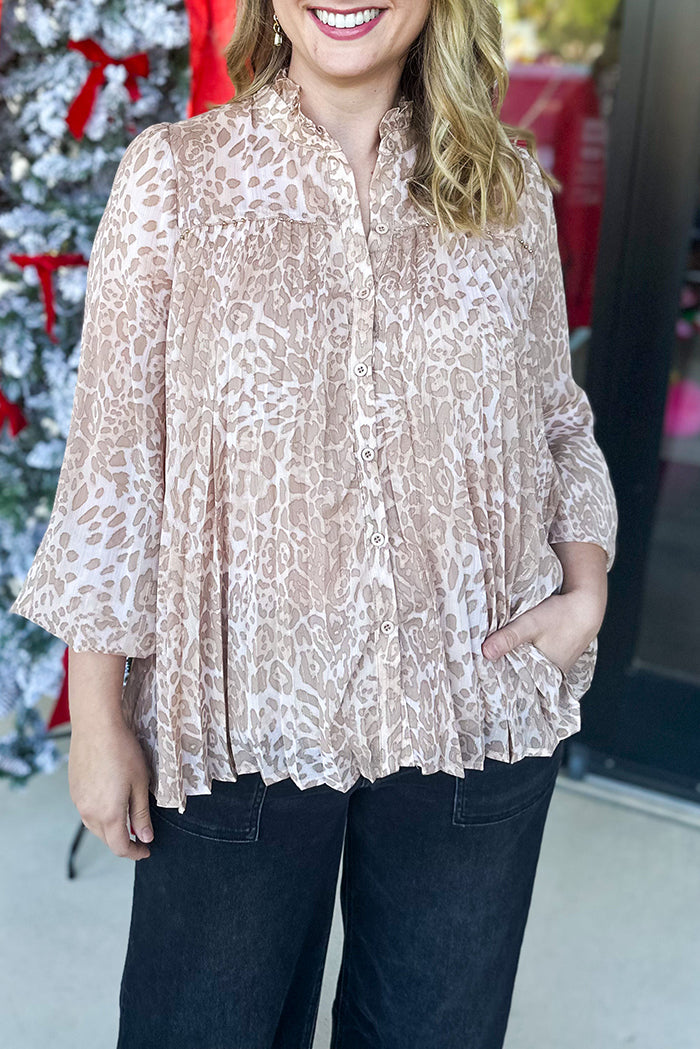 Leopard Print Ruffled Stand-Collar Blouse