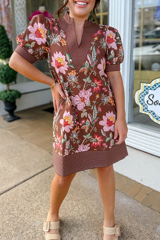 Floral V-Neck Puff Sleeve Dress