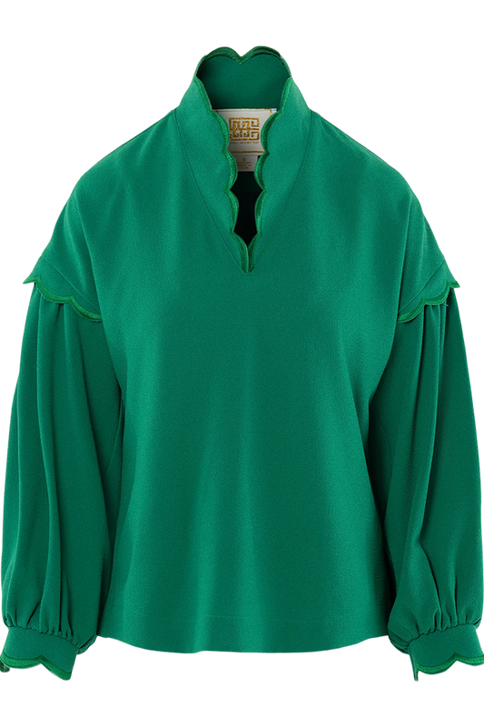 Green Ruffle Collar Lantern Sleeve Top