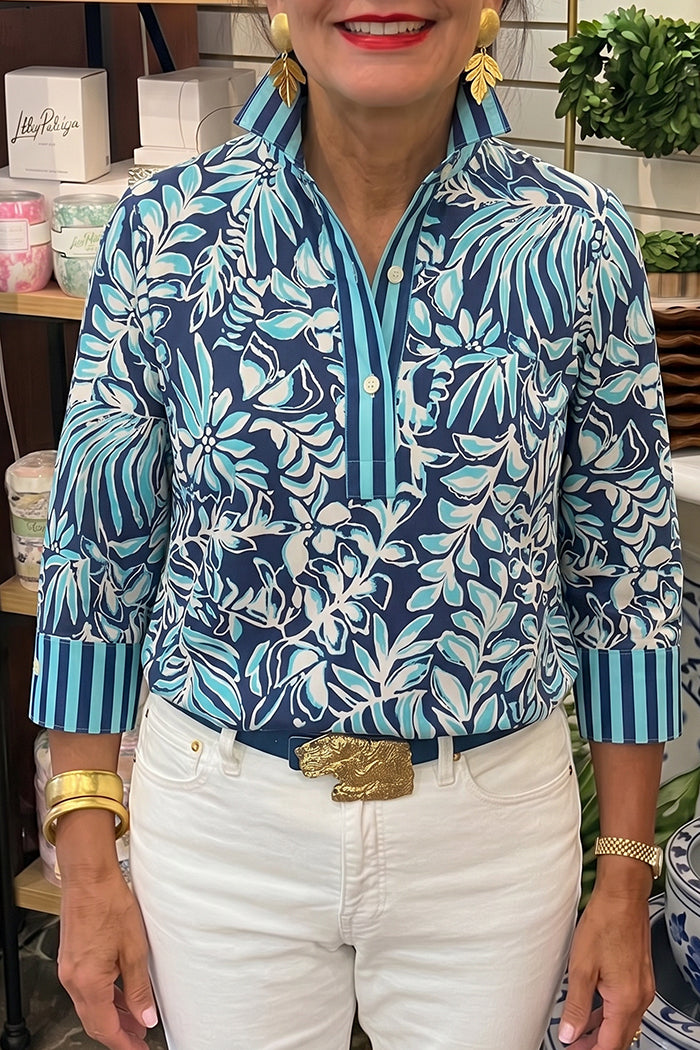 Tropical Leaf Cuff Trim Popover Top