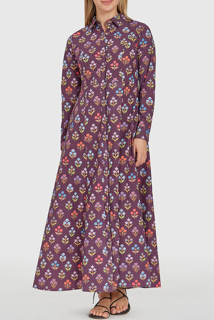 Button Front Floral Maxi Shirt Dress