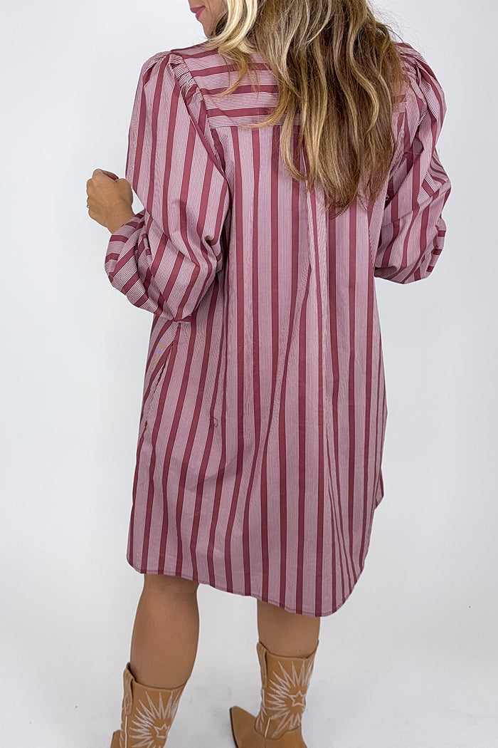 Striped  Pocket Puff-Sleeve Shift Dress
