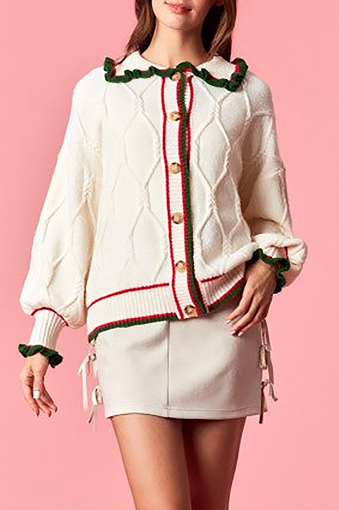 Button front Ruffle Cable Knit Cardigan