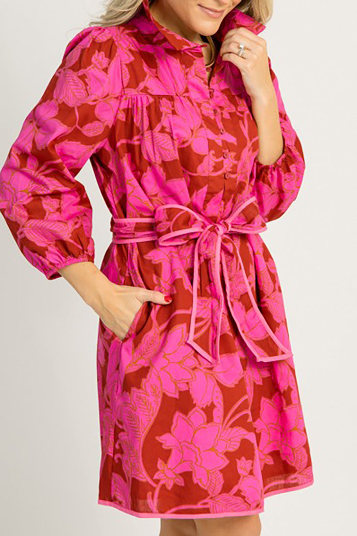 Vibrant Floral Adjustable Belt Pocket Dress