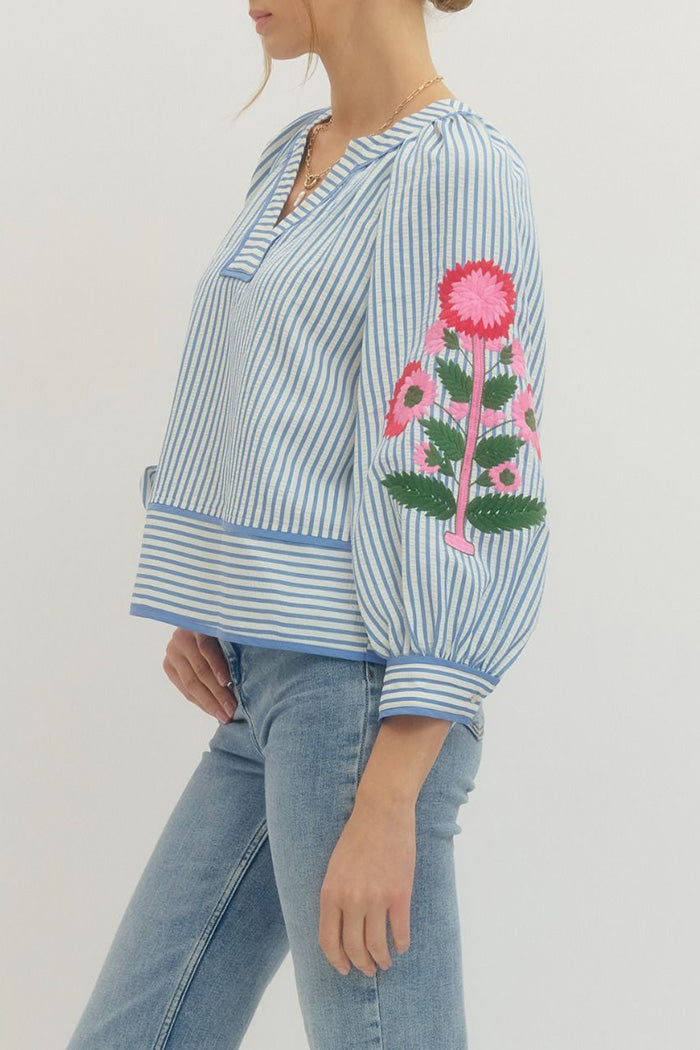 Stripe Floral Embroidered Top