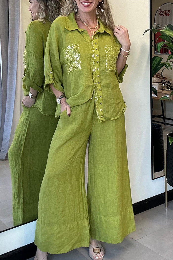 Sequin Pocket Button Down Wide Leg Pants Set
