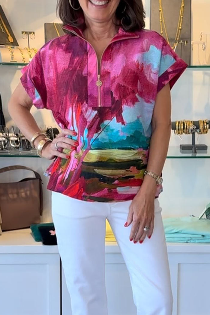 Watercolor Print 3/4 Zip Neckline Top