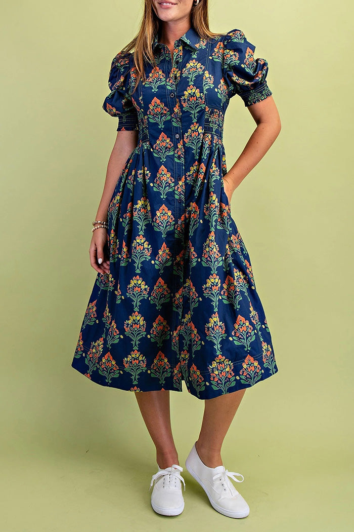 Puff Sleeve Floral Midi Dress