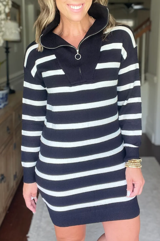 Striped O-ring Zip Sweater Dress