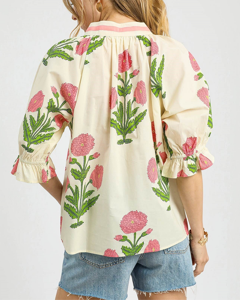 V-Neck Ruffle Sleeve Floral Top