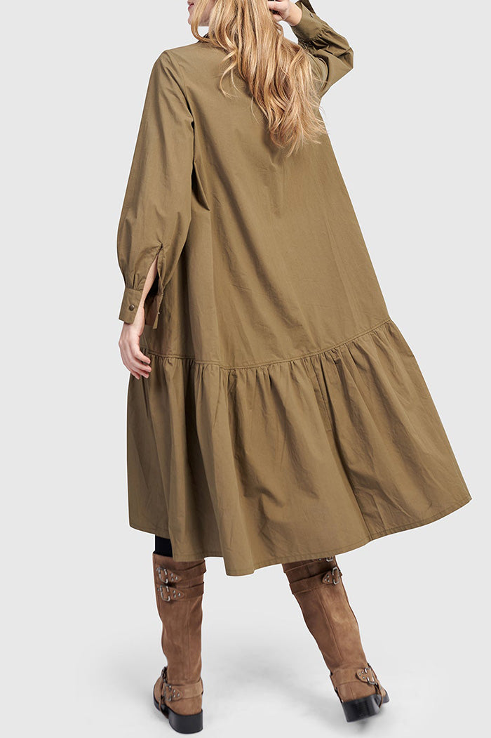 Button Front Ruffled Hem Pocketed Shirt Dress