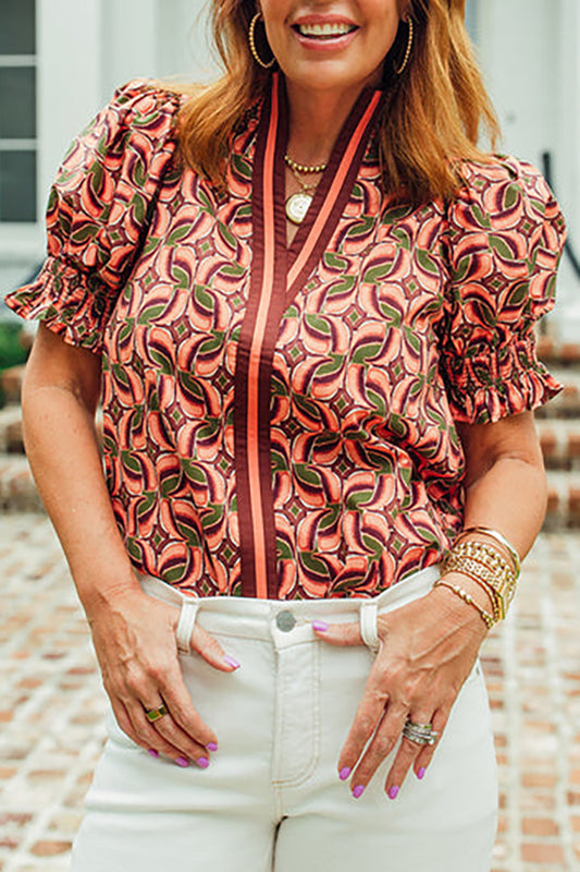 Abstract Print Ruffle Sleeve Top
