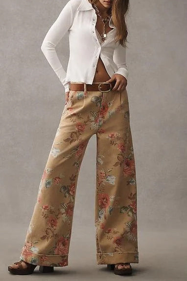 Floral Wide-Leg Cuffed Jeans