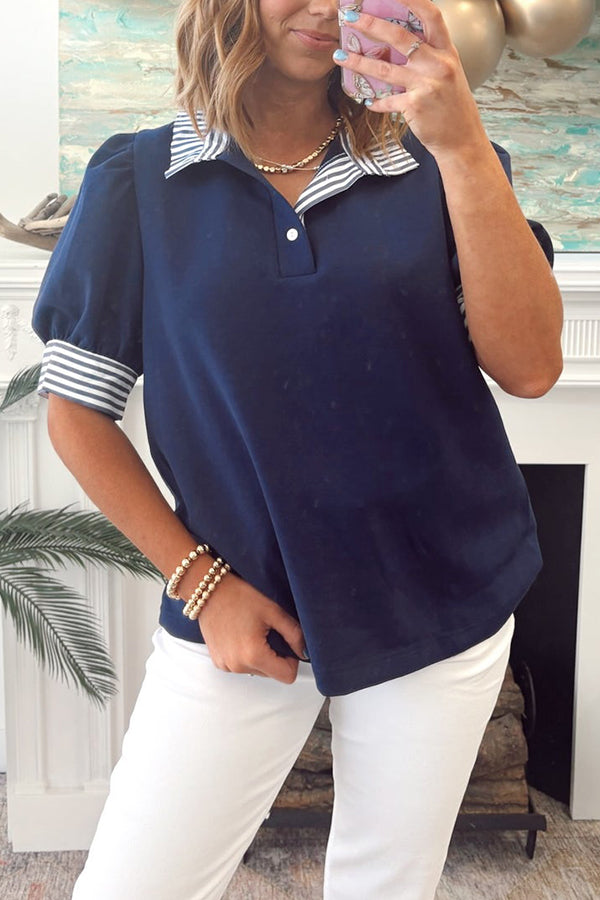 Casual Puff Stripe Sleeve Top