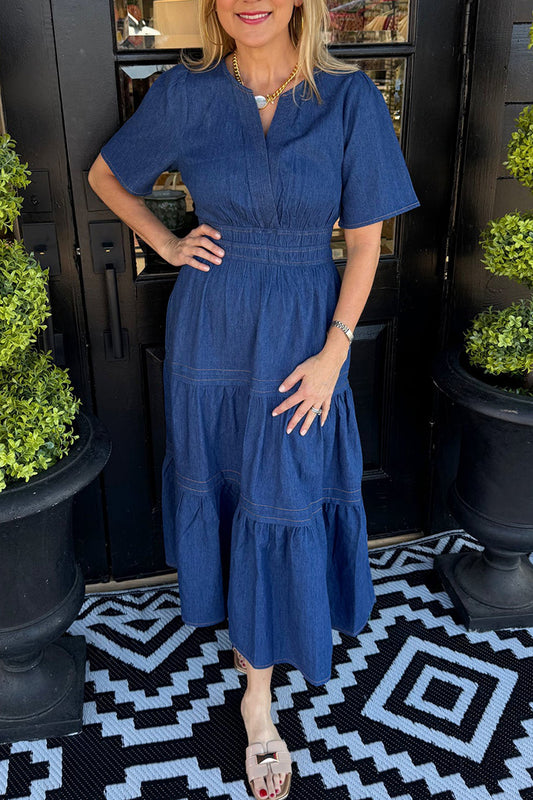 Denim Smocked Waist Tiered Dress