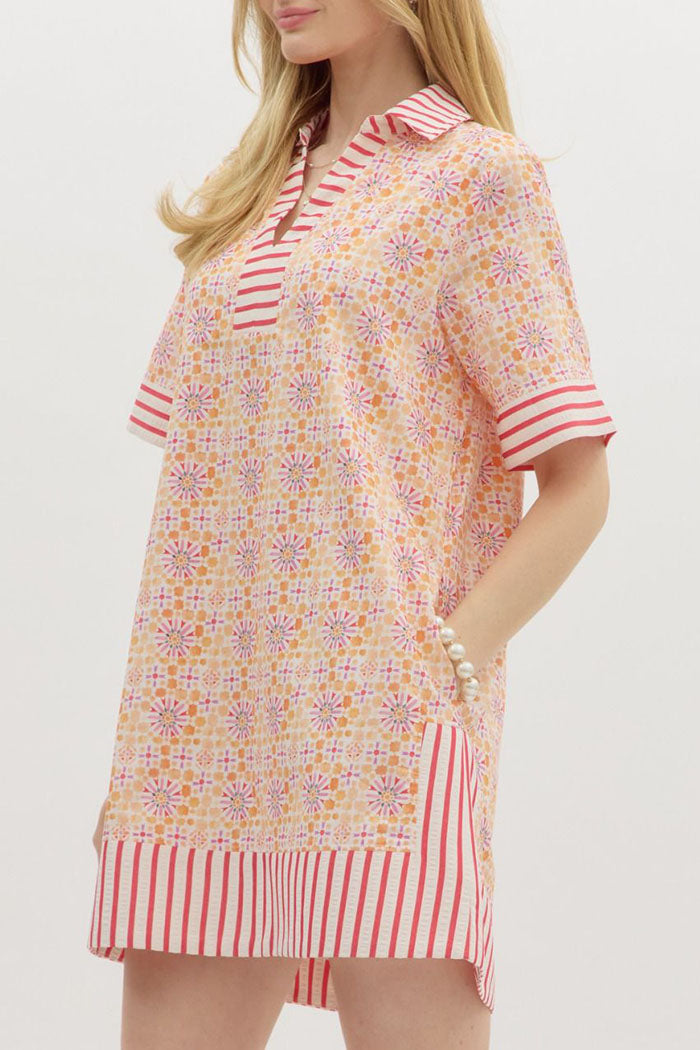 Abstract Floral Stripe Trim Pocket Dress