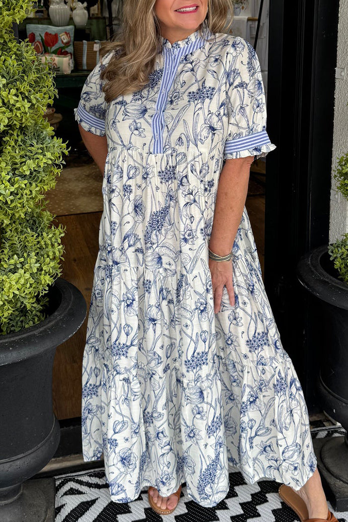 Contrast Collar Floral Short Sleeve Dress