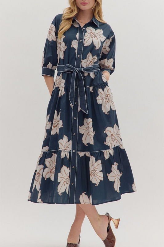 Button Front Floral Print Belted  Dress