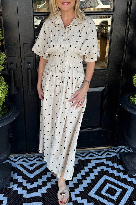 Fitted Waist Polka Dot Pocketed Shirt Dress