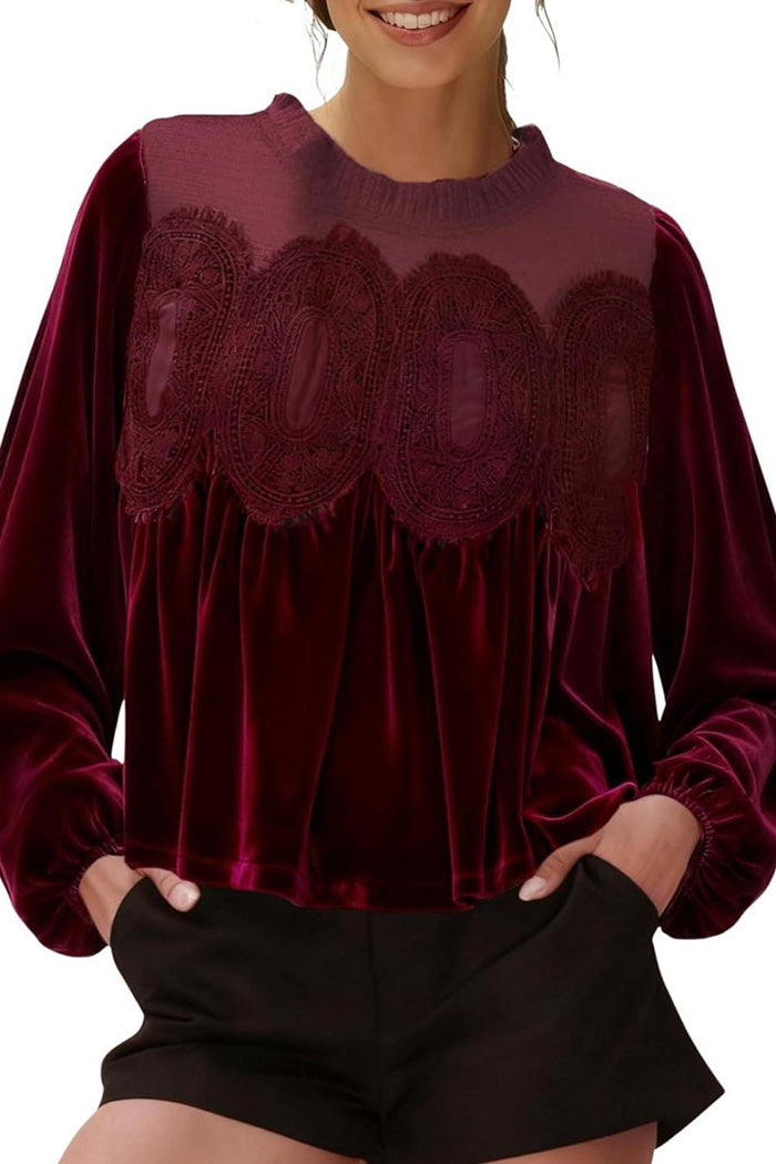 Velvet Trim Lace Puff Sleeve Top