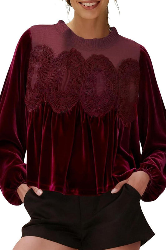 Velvet Trim Lace Puff Sleeve Top