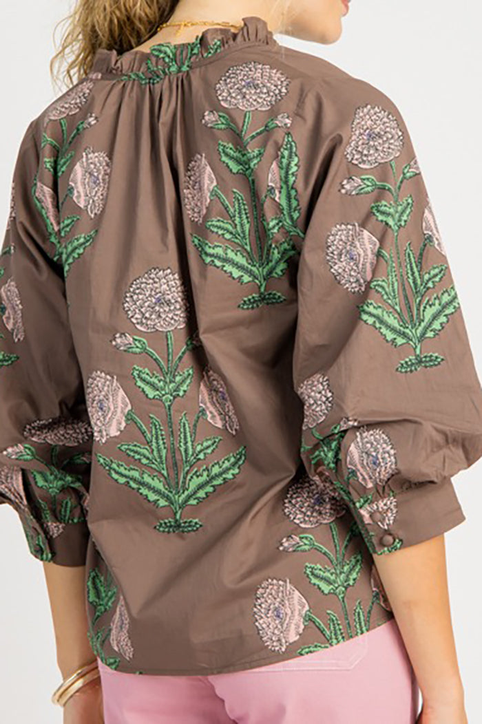 Floral Ruffle Collar Balloon Sleeves Top