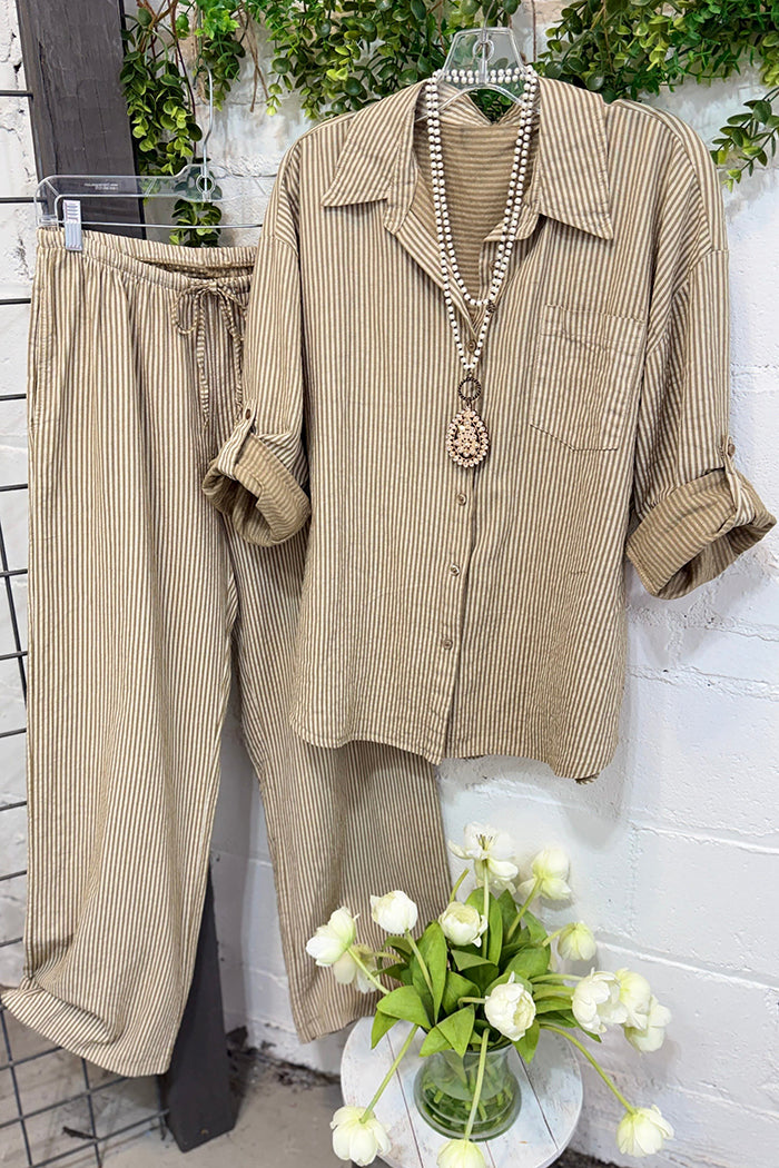 Casual Striped Button Down Shirt Set