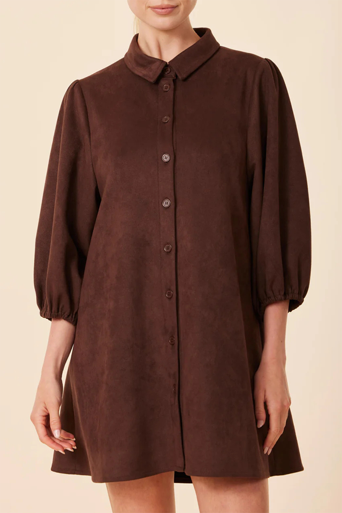 Collared Button-Front Puff-Sleeve Dress