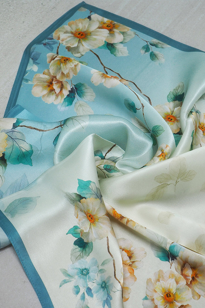 Turquoise Floral Square Scarf With Scarf Ring