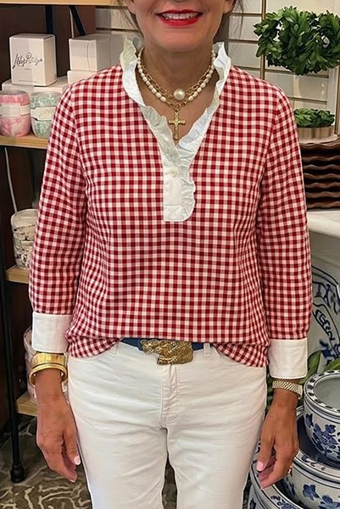 Red Gingham Ruffle Trim Popover Top