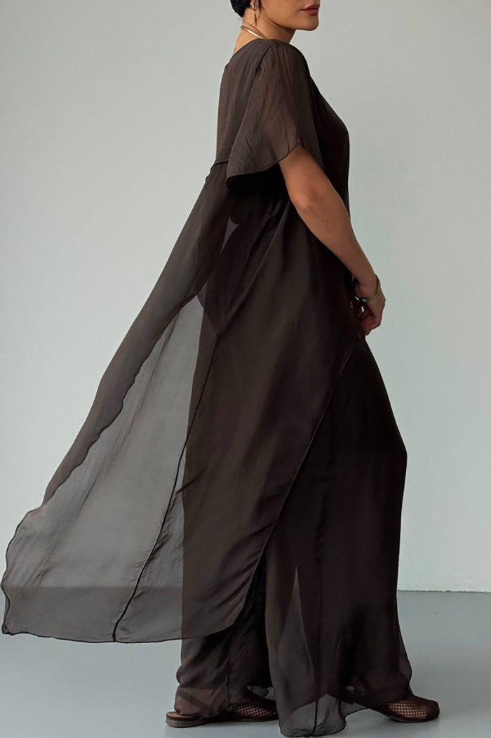Flowy Asymmetric Cape Sleeve Wide Leg Pants Set