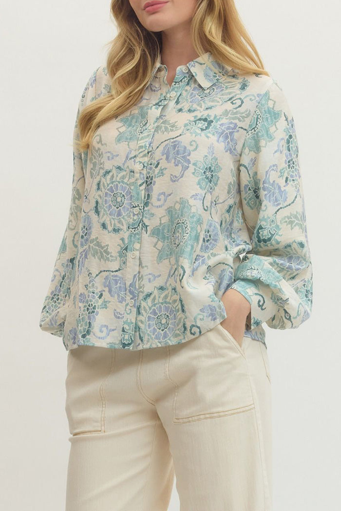 Blue Green Floral Button Down Top
